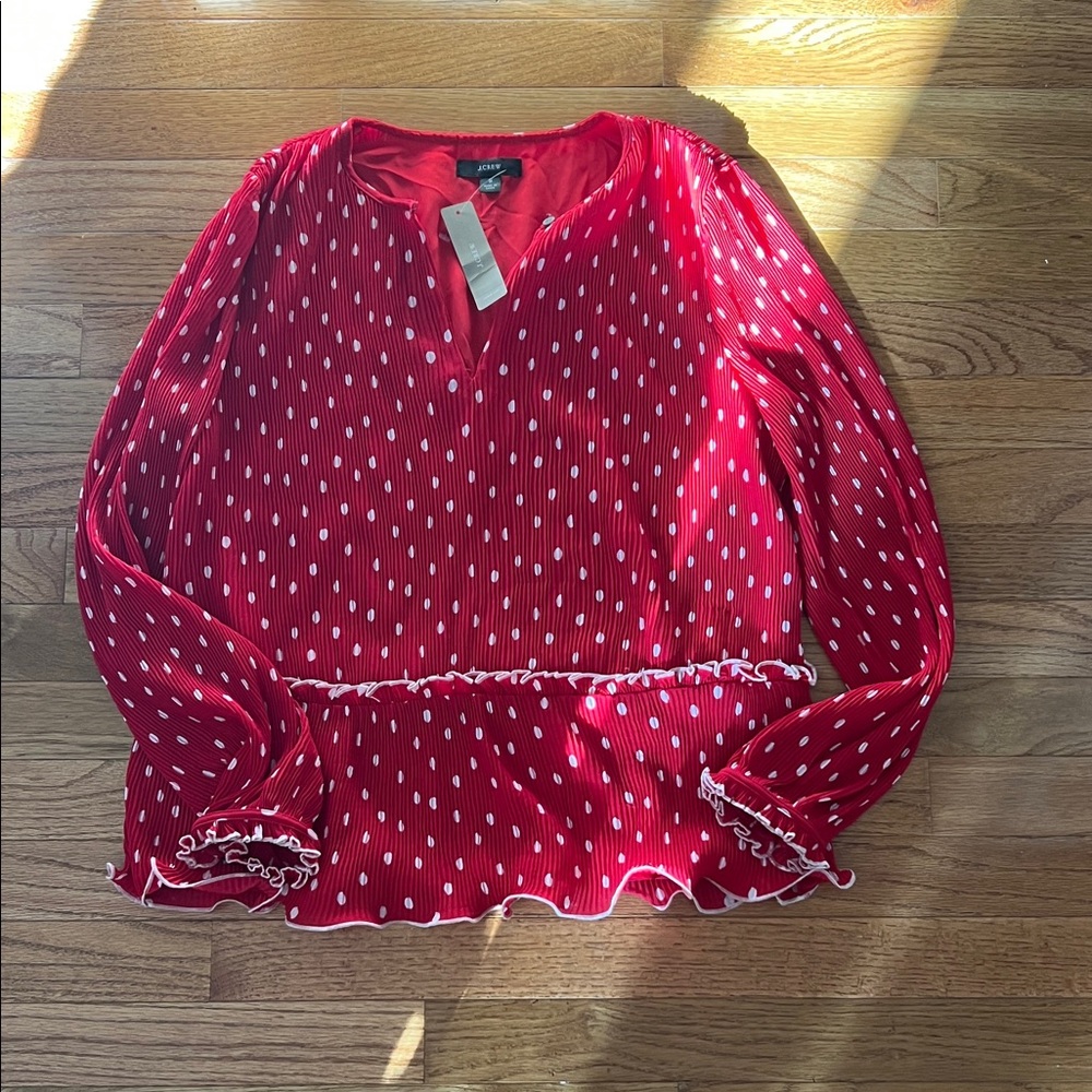 J. Crew Red Shirt with White Polka Dots
